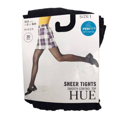 HUE Smooth Control Top Sheer Tights Pantyhose Sz-1 Wider Band Black U11231